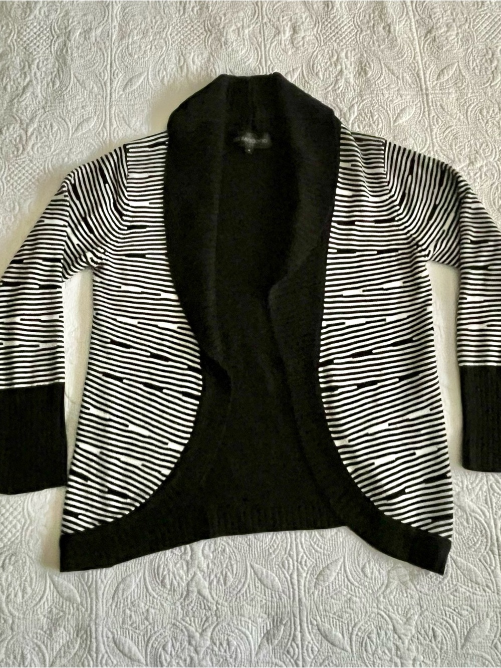 Striped Black & White Open-Front Cardigan Sweater